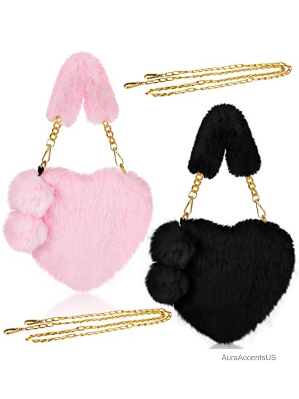 2pc Faux Fur Heart Shaped Purse Set Fluffy Shoulder Bag with Chain